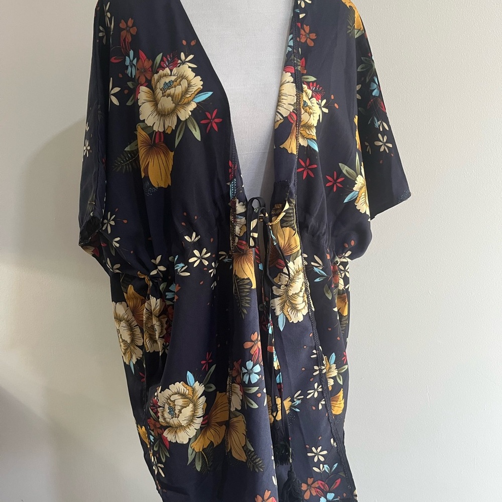 Navy Blue Earth Toned Floral Tie-Front Oversized Women's Kimono Beach Cover-up